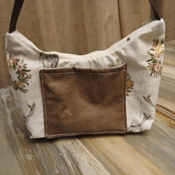 New Western Deer Top handle Shoulder Bag Purse Brown Ivory Crescent Baguette - Picture 6 of 7